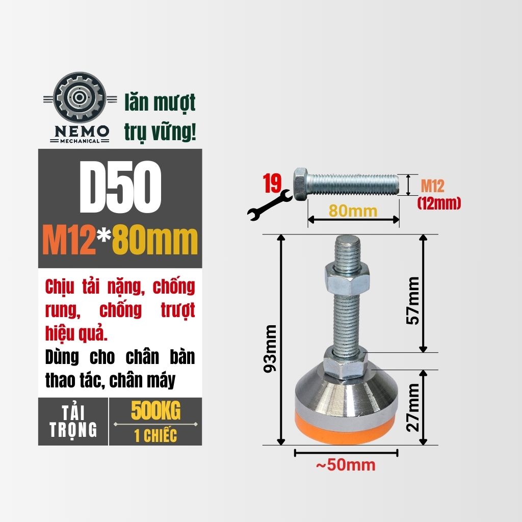 Chân Tăng Chỉnh Chịu Tải Nặng – Bát Thép Mạ Crom, Chịu Lực 1.5 Tấn (M10, M12)